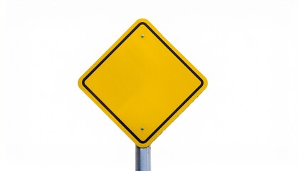 blank yellow road sign on metal pole isolated on white background for customizable traffic or safety message