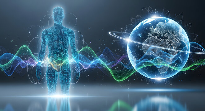Digital human silhouette connected to a glowing Earth by vibrant energy frequency waves, representing global technology and future innovation