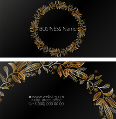 Unique beautiful business card template with golden abstract flowers