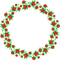 Round wreath frame of red roses with green leaves
