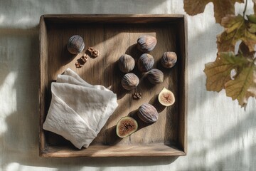 A wooden box filled with assorted fruits and colorful leaves