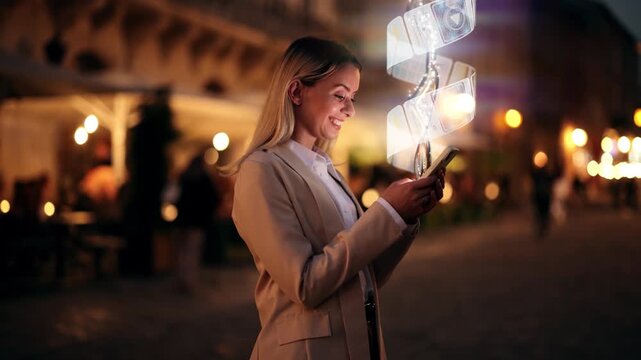 Businesswoman using smartphone outdoors at night with glowing holographic interface and digital data flow. Concept of AI technology, smart communication, and future innovation