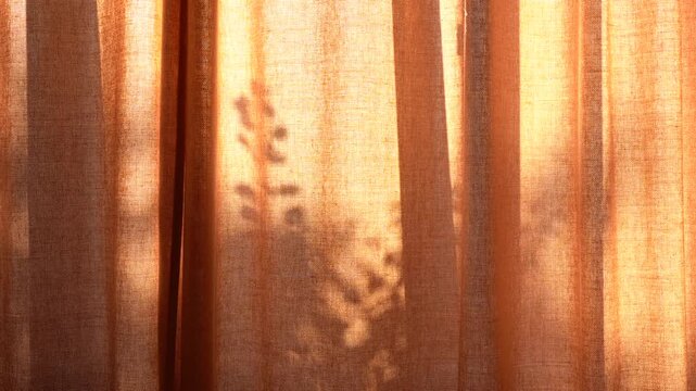 Golden hour sunlight streams through translucent orange curtains, casting soft shadows and creating a warm, inviting glow in an interior setting
