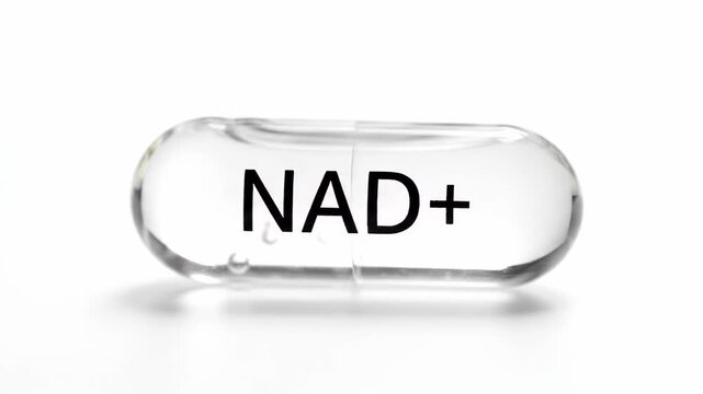 Clear gel capsule containing a coenzyme supplement known as nicotinamide adenine dinucleotide - NAD plus - , specifically formulated to support cellular energy production