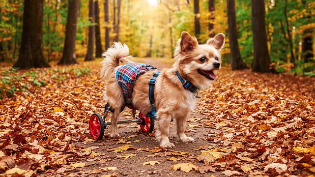 Adorable small dog with a disability using a wheelchair walking on a path covered with autumn leaves. Rehabilitation for paralyzed pet
