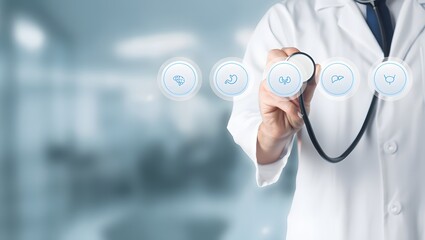 A doctor is holding a stethoscope and pointing to a button on a computer screen. The buttons on the screen are labeled with different medical conditions