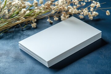 Fototapeta premium Open white notebook on blue background. White pages on background of dried flowers. Place for text