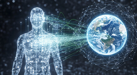Futuristic digital human connecting to planet Earth through a global data network, symbolizing artificial intelligence and worldwide communication