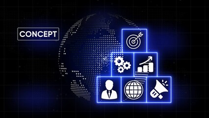Digital concept graphic with glowing blue icons of business strategy and global connection on dark background