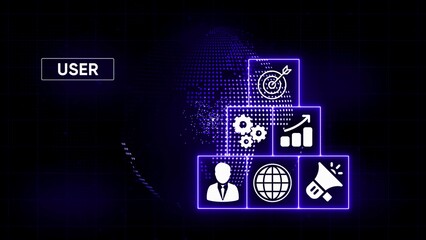 Digital business strategy icons on glowing purple grid with world map background image
