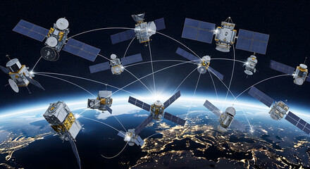 Satellite network orbiting Earth, connecting global communication and data transfer