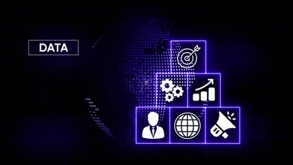 Digital data analysis with icons for target goal gears growth globe and megaphone on a glowing earth background