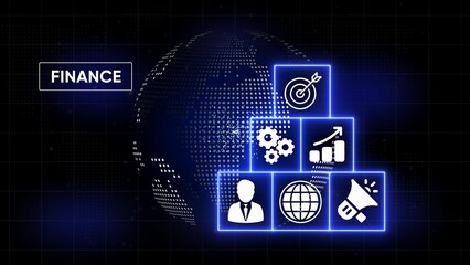Digital finance icons on a glowing globe background with the word finance business global