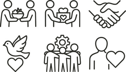 Charity and kindness line icons set