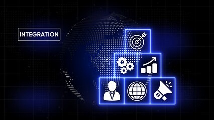 Digital integration concept with global network and business icons on dark background image