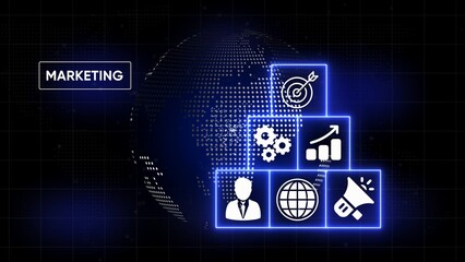 Digital marketing strategy icons on glowing blue grid overlaying a dotted globe background world business