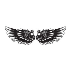 Black and White Mechanical Wings Emblem with Pistons and Gears Design