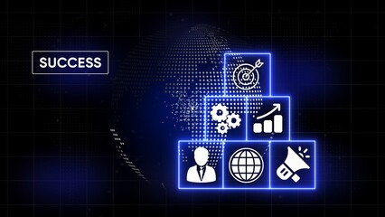 Digital success concept with glowing icons and world map background technology business