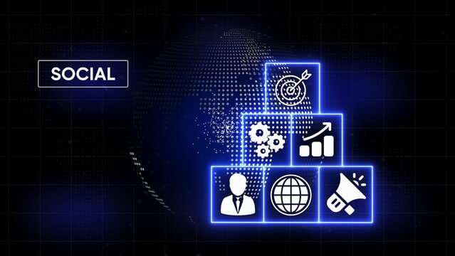 Digital social media marketing strategy icons with glowing blue outlines on a dark grid background with a dotted globe