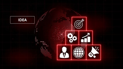 Red digital globe with glowing neon icons for business strategy and global connection network technology