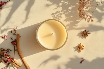 A candle sits on a table beside cinnamon sticks and star anise