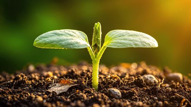 Young plant sprouts from rich soil, symbolizing growth and renewal in nature. Sunlight illuminates vibrant green leaves, highlighting beauty of environment and potential for agriculture