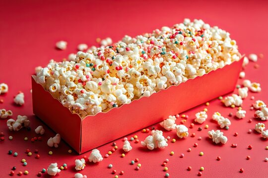 Bucket of popcorn on red background. Popcorn in a paper box. Snacks