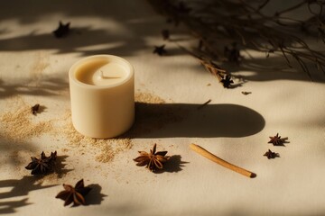 A candle sits on a table beside star anise and cinnamon