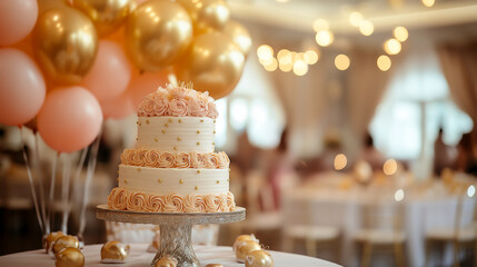 Stylish indoor birthday party with elegant decorations and a beautiful cake in a festively lit venue