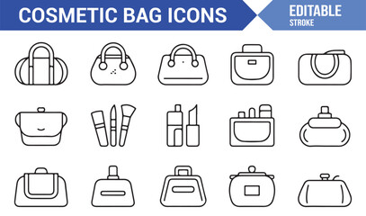 Editable Stroke Vector Icons of Cosmetic Bags — Line Art of Brushes, Lipsticks, and Pouches