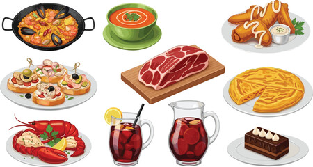 Spanish, Food, Cuisine, Paella, Gazpacho, Churros, Tapas, Sangria, Lobster, Omelette, Meat, Cake, Traditional, Delicious, Gourmet, Culinary, Culture, Table, Variety, Celebration