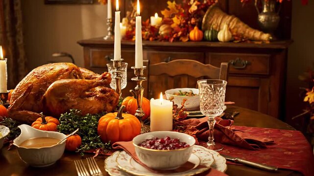 Thanksgiving dinner table set for a family feast with golden roasted turkey, creamy mashed potatoes, tangy cranberry sauce, rich gravy and autumnal decor, candles and pumpkin centerpiece