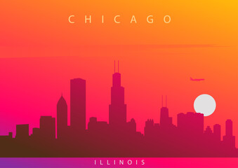 Chicago skyline at sunset. A picturesque illustration of the downtown skyline against a vivid evening sky. Illinois, USA