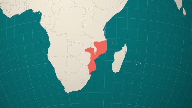Mozambique map. Animated zoom into the country on the Globe in Teal Pale Mint color palette. Country logo animation. Map with meridians, parallels. Authentic video.