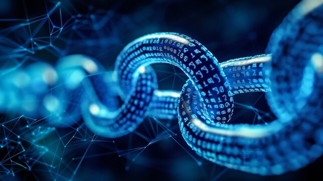 A collection of patent documents connected by a blockchain link highlighting the efficient protection and management of intellectual property with this technology.