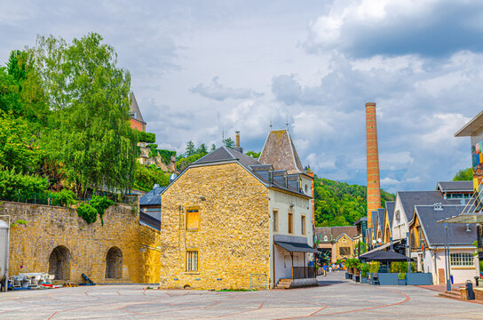 Les Rives de Clausen restaurant and bar district in Grund quarter of Luxembourg City historical centre with old buildings and brick chimney