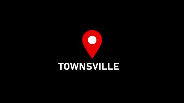 location of the city of Townsville ,the name of the place with the location has been displayed, sign animated with alpha channel 4k video GPS location tracking icon.