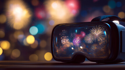 A virtual reality headset glowing with reflections of fireworks and holiday lights, concept of digital celebration