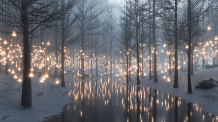 Obraz premium Beautiful landscape with lights decorating a snowy forest with a frozen river