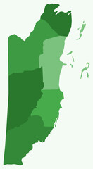 Map of Belize with regions. Just a simple country border map with region division. Green color palette. Plain Belize shape with administrative division. Vector illustration.