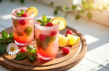 Two glasses of cold raspberry mint lemonade with ice cubes, fresh lemon slices, ripe berries. Sugared rim glasses sit on round wooden tray. Refreshing summer beverages on sunny white table for