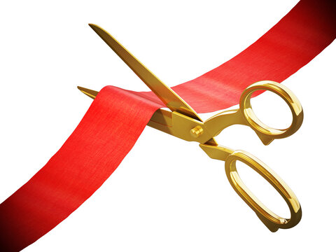 Golden scissors cutting red ribbon on transparent background. 3D illustration