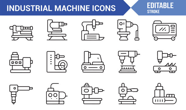 Line Art Factory Icons &mdash; Industrial Machines, CNC Tools, and Robotic Equipment Vector Pack