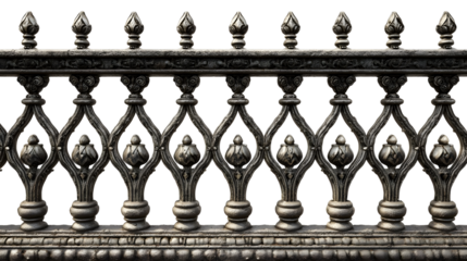 An ornate decorative metal fence with intricate scrollwork and finials isolated on a white background