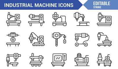Editable Stroke Industrial Icons — Vector Set of Manufacturing Machines and Robotic Tools