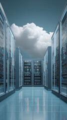 Futuristic Data Center with Cloud Sky &ndash; Server Room Fantasy, Cloud Computing Infrastructure &ndash; Digital Heaven Corridor, AI Server Hall with Floating Clouds &ndash; Sci-Fi Tech Landscape