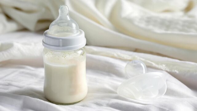 baby bottle with milk on white background video