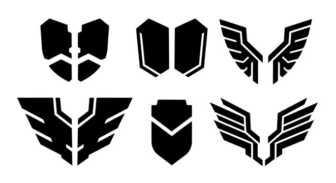 A collection of six black modern sci-fi icons. Includes abstract shields, wings, and crests perfect for gaming logos, military insignia, or tech brands.