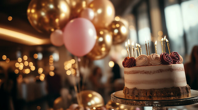 Stylish indoor birthday party featuring an elegant cake and vibrant decorations with festive balloons