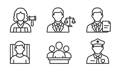 Justice and professions outline icons, judge, lawyer, prisoner, police